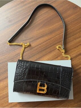 Balenciaga Black Croc-Embossed Shoulder Crossbody with Gold Hardware